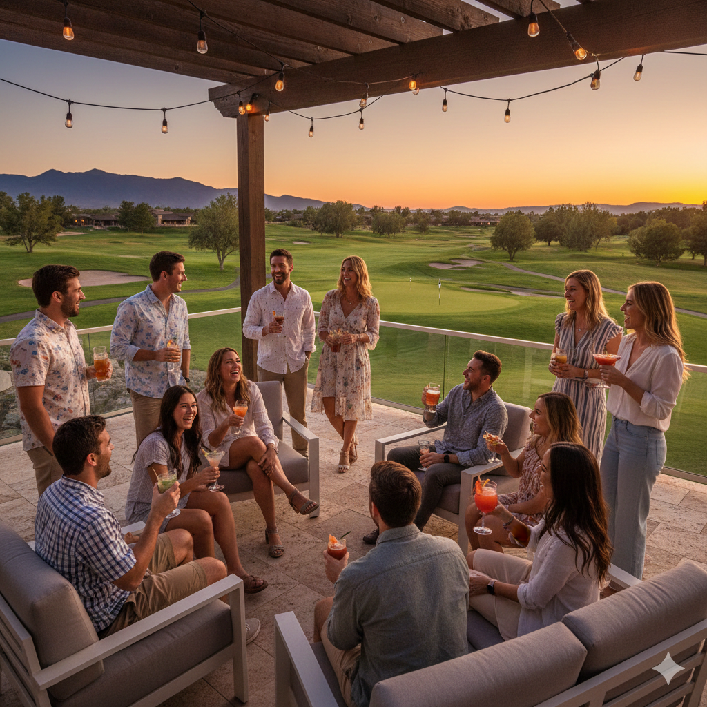 Group of friends enjoying sunset drinks on terrace overlooking golf course during group golf trip