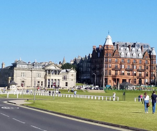 The Royal and Ancient Golf Club clubhouse and Hamilton Grand hotel overlooking the Old Course, St Andrews, Scotland